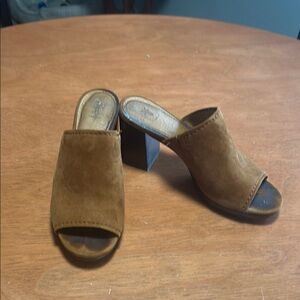 Frye Brown Suede Mules with Chunky Heel